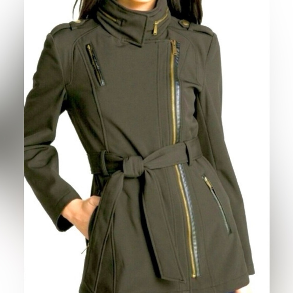 Michael Kors Asymmetrical Zip Belted Faux Fur Lined Jacket / Olive Gray / Size S